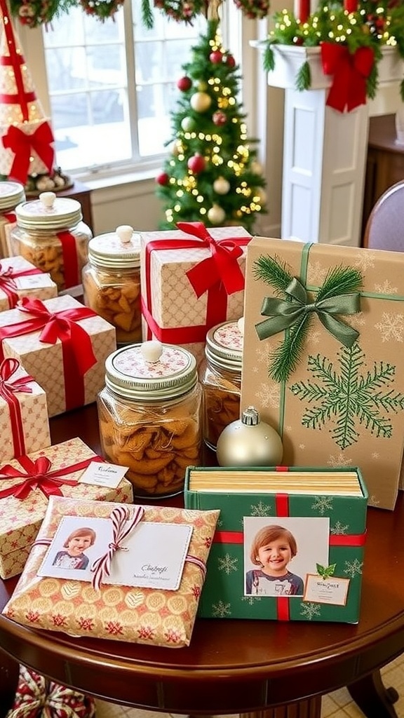 Homemade Christmas Gift Ideas Homemade Christmas gifts including cookies in jars, handmade ornaments, and photo albums on a festive table.